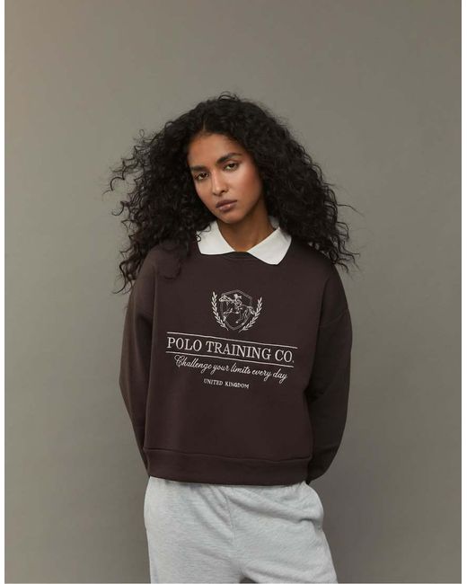 Stradivarius Gray Embroidered Sweatshirt With Polo Collar
