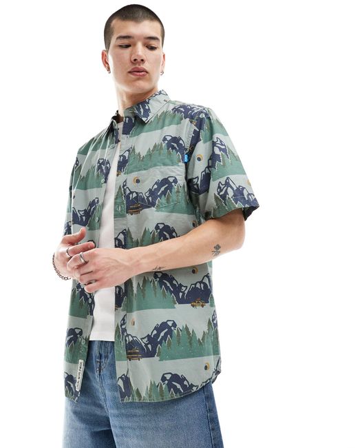 Kavu Green Short Sleeve Mountain Print Shirt for men
