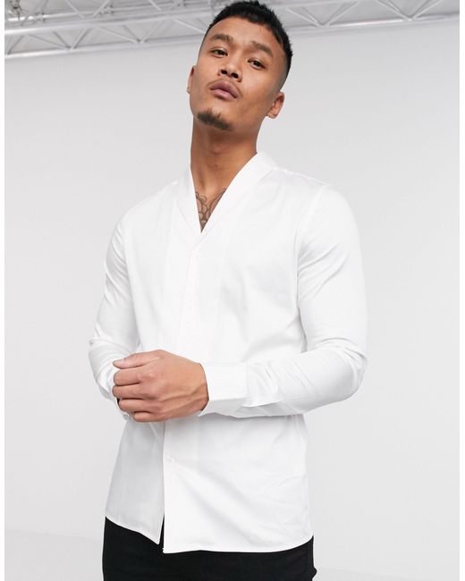 ASOS White Slim Fit Sateen Shirt With Shawl Collar for men