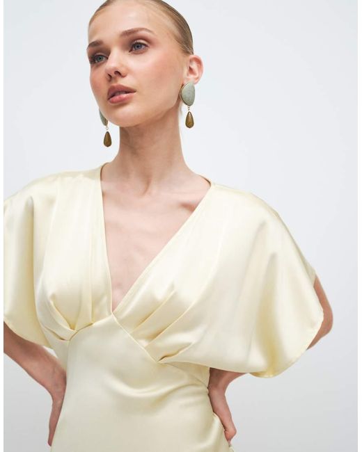 Gina Tricot Natural Batwing Plunge Satin Maxi Dress
