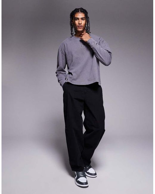 ASOS Oversized Recht Henley Shirt Met Lange Mouwen Van Zware Stof in het Purple voor heren