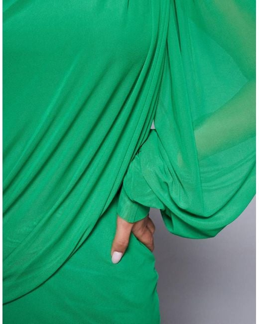 ASOS Green Modesty Mesh Wrap Over Draped Blouson Sleeve Maxi High Neck Dress