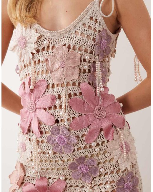 ASOS Pink Crochet Cami Mini Dress With Floral Embellishment