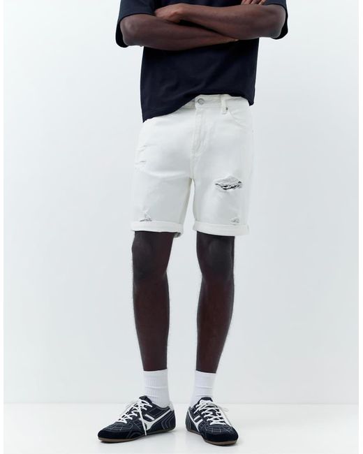 Pull&Bear Blue Ripped Denim Bermuda Shorts for men