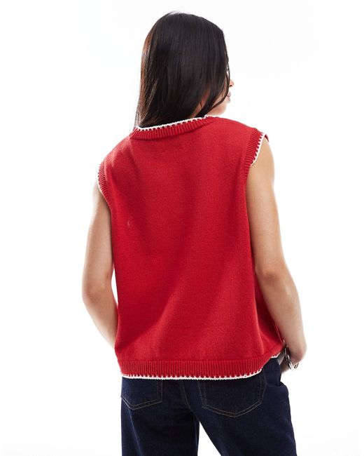 ASOS Red Knitted Tank Top With Contrast Blanket Stitch
