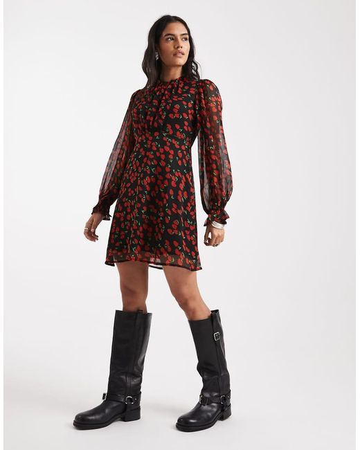 Wednesday's Girl Red Wednesdays Girl Printed Chiffon Cherry Print Dress