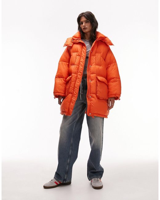 TOPSHOP Orange Hooded Puffer Jacket