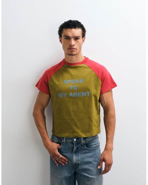 Reclaimed Vintage Green Raglan Slogan T-shirt for men