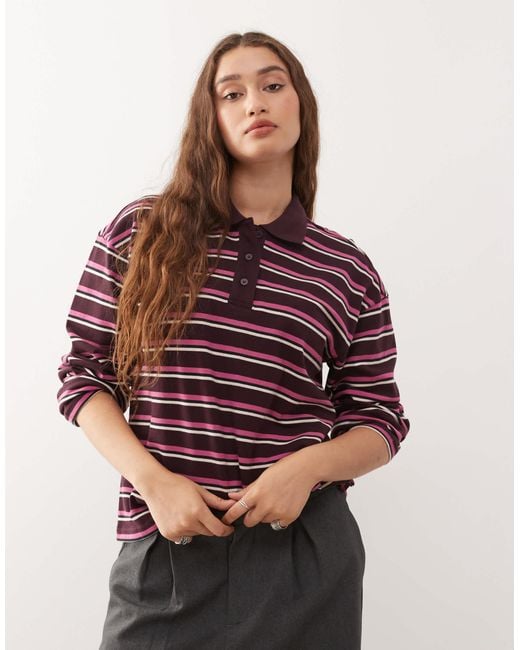 Monki Red – langärmliges oversize-rugby-polohemd mit streifen