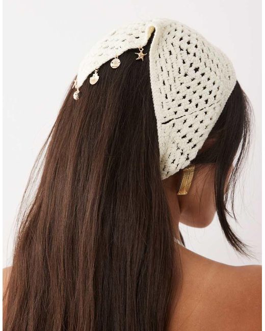 Kaiia White Exclusive Cotton Seashell And Star Trim Crochet Headscarf