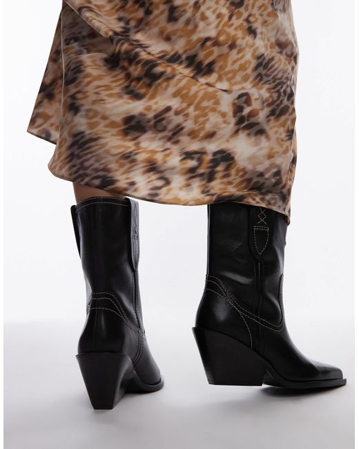 Free People Contrast Stitch Leather Western Boots in Black | Lyst