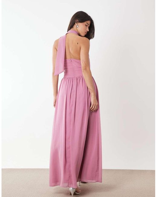 Aria Cove Pink Chiffon Deep Plunge Cowl Neck Wrap Scarf Detail Maxi Dress
