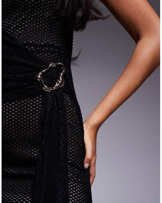 ASOS Open Gebreide Midi Jurk Met Gedrapeerde Rok En Oversized Gouden Detail in het Blue