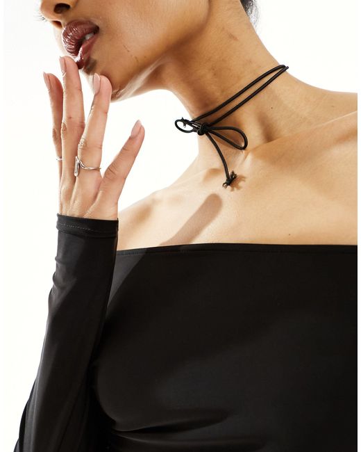Fashionkilla Black Slinky Off Shoulder Top With Neck Tie