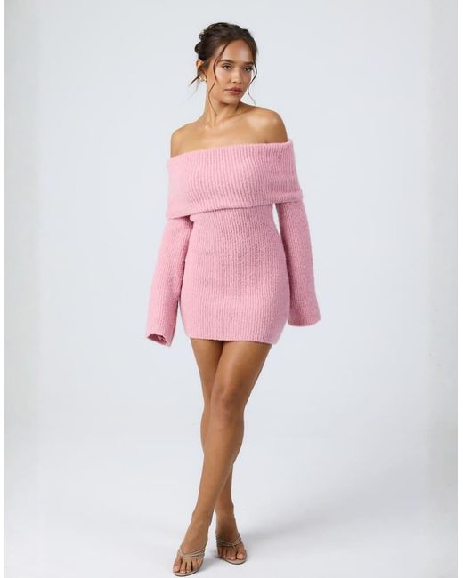 Aria Cove Pink Knitted Bardot Mini Jumper Dress