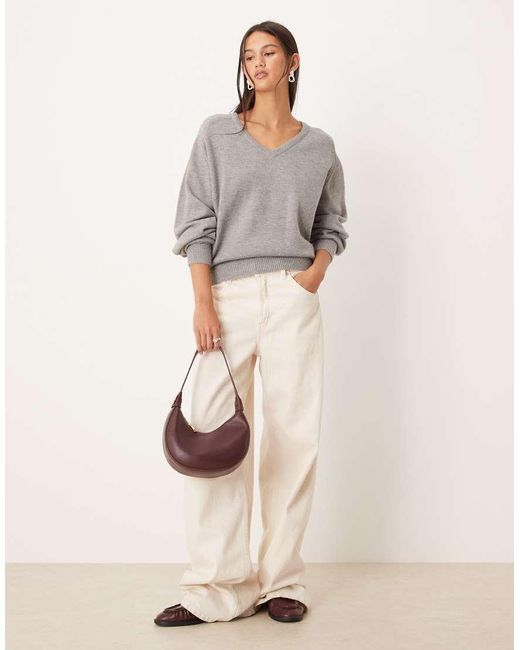 Gina Tricot Gray Long Sleeve V Neck Knitted Sweater