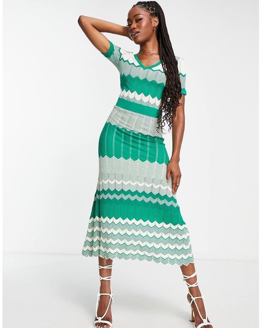 Morgan Green Knitted Contrast Panel Cap Sleeve Midi Dress