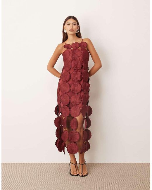 ARRANGE Pink Cutwork Floral Midi Dress With Fringe Hem