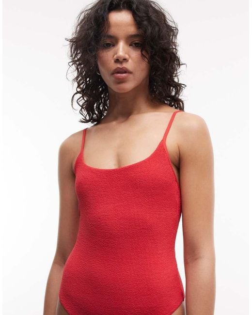 Monki Red Crinkle Scoop Neck High Leg Swimsuit