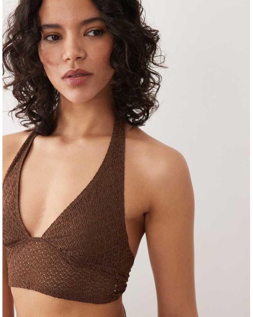 Free Society Brown Crochet Halterneck Beach Top