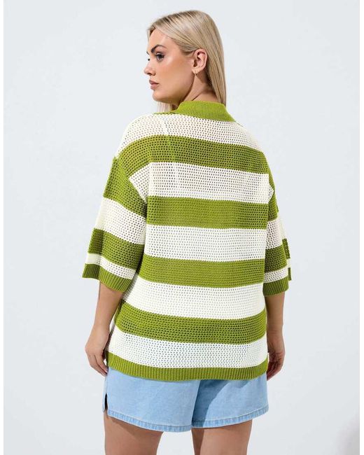 Yours Clothing Green Stripe Boxy Knitted Shirt