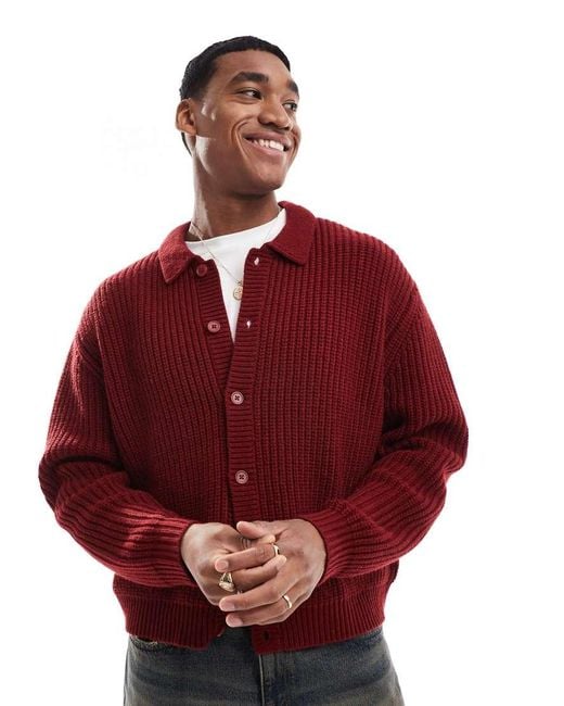 ASOS Red Oversized Boxy Fit Heavyweight Knitted Wool Mix Button Through Cardigan for men
