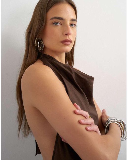 TOPSHOP Brown Linen Rich Halter Neck Wrap Mini Dress