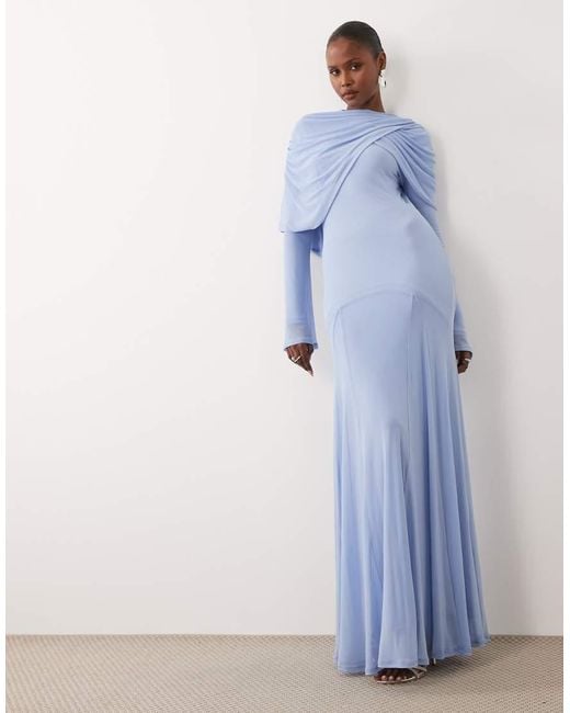 ASOS Blue Modesty Mesh Maxi Dress With Overlay Draped Neckline Detail