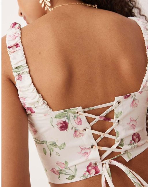 Gina Tricot White Rose Print Corset Style Top