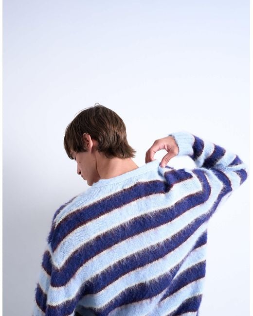 Topman Blue Oversized Fit Fluffy Knitted Stripe Cardigan for men
