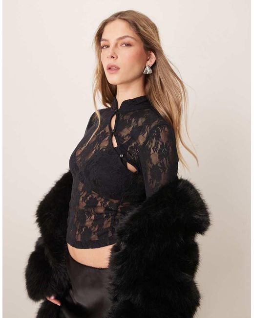 ASOS Black Cut Out High Neck Lace Up Top With Button Detail