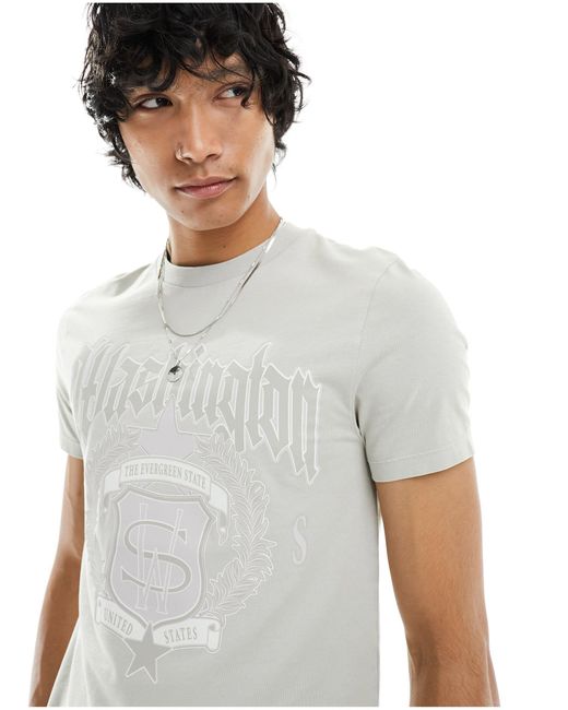 ASOS Gray Muscle Fit Washed T-shirt With Front Washington Print for men