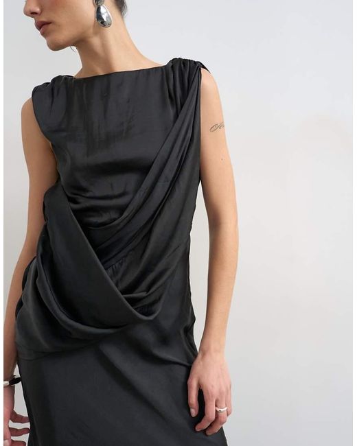 TOPSHOP Blue Satin Slash Neck Draped Cowl Front Maxi