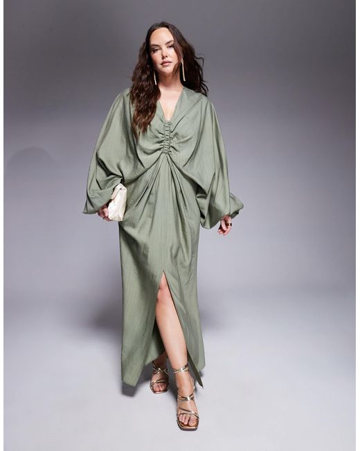 ASOS Gray Asos Design Curve Plunge Elasticated Maxi Dress With Blouson Sleeve