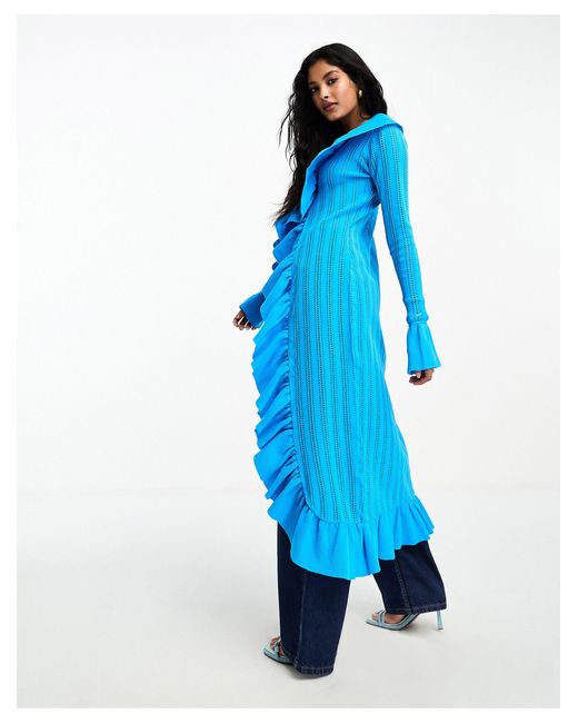 Annorlunda Blue Pointelle Ruffle Knitted Midaxi Dress