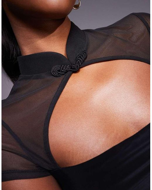 ASOS Black Premium Slinky Rouleau Loop Top With Mesh Cutout