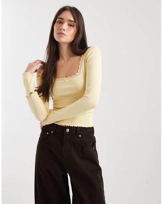 Miss Selfridge Yellow Rib Square Neck Top