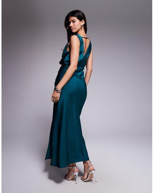 ASOS Blue Satin Drape Front Split Detail Maxi Dress