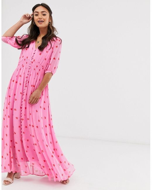 Ghost Pink Valentina Georgette Heart Print Maxi Dress