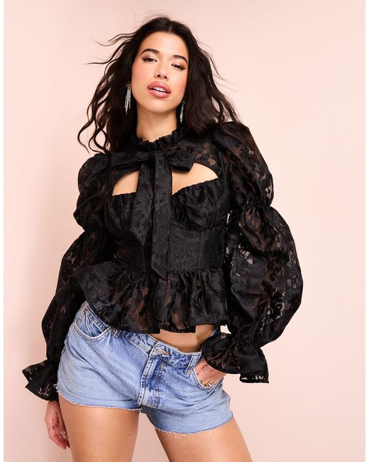 ASOS Black Pussy Bow Puff Sleeve Lace Top