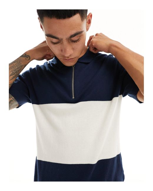 Jack & Jones Blue Knitted Polo With Zip for men