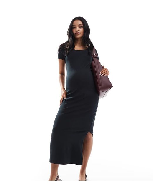 Mama.licious Black Mamalicious Maternity Scoop Neck Short Sleeve Jersey Midi Dress