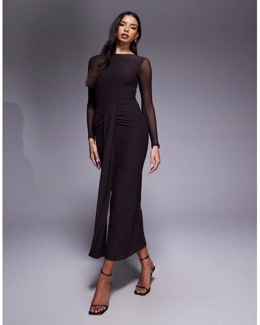 ASOS Mesh Long Sleeve Slash Neck Open Back Maxi Dress With Sash in Blue ...