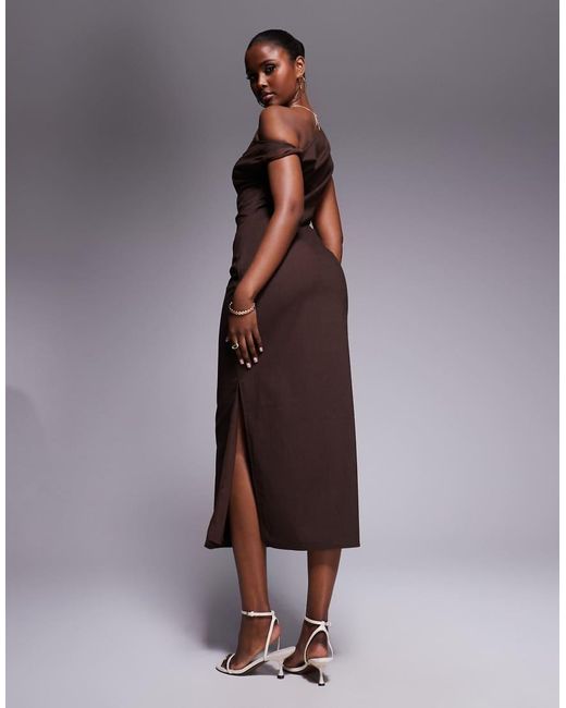 Kaiia Purple Exclusive Linen Look Off Shoulder Twist Detail Midi Dress