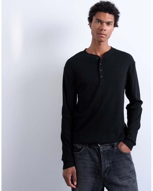 Topman Black Classic Fit Rib Long Sleeve Henley T-shirt for men