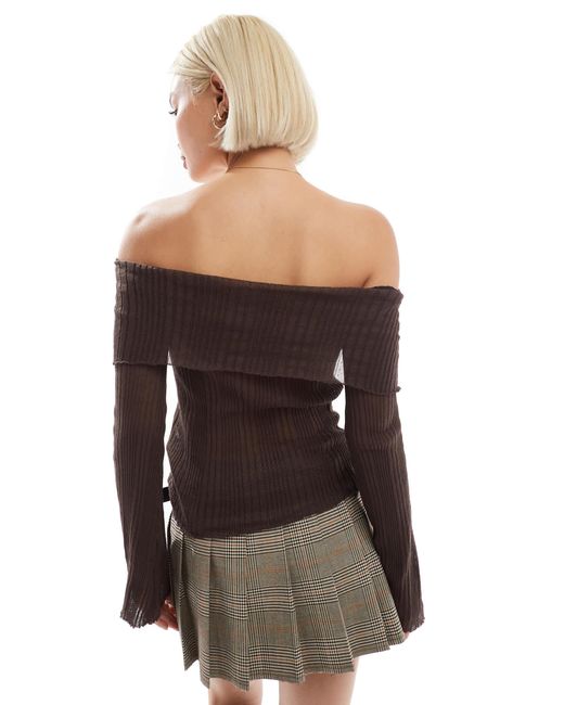 Stradivarius Brown Str Light Knit Off Shoulder Top
