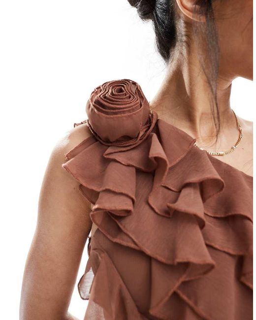 French Connection Brown Oskar Ruffle One Shoulder Midaxi Dress