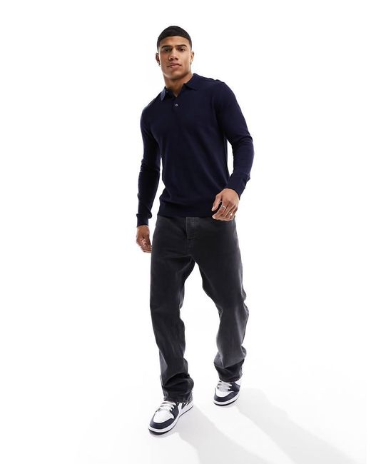 SELECTED Blue Knitted Long Sleeve Polo for men