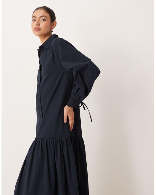 ASOS Blue Long Sleeved Tie Detail Maxi Shirt Dress