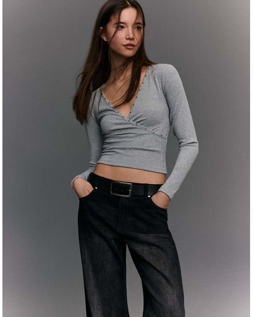 Bershka Gray Long Sleeve Studded T-shirt